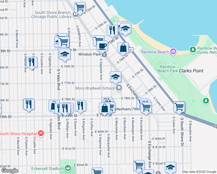 map of restaurants, bars, coffee shops, grocery stores, and more near 2650 East 77th Street in Chicago