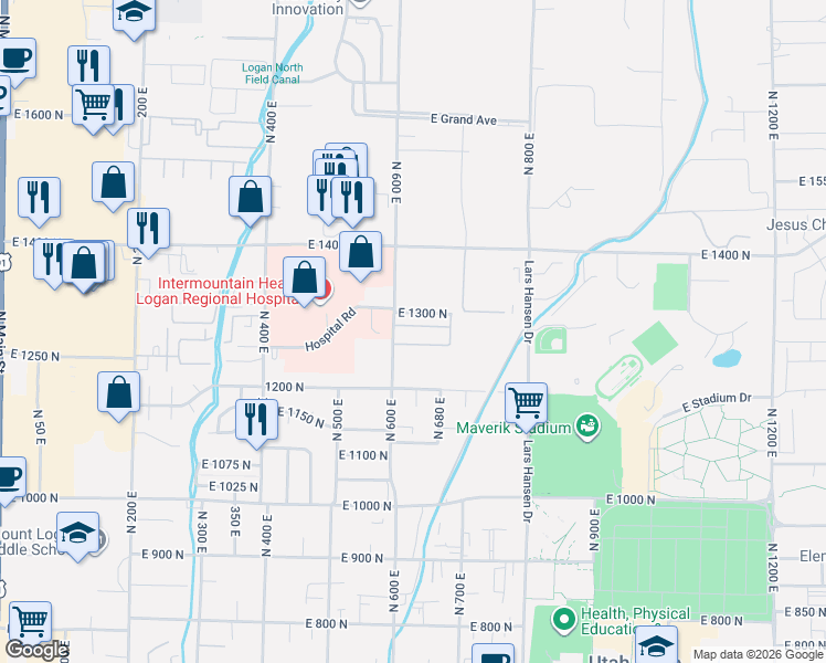 map of restaurants, bars, coffee shops, grocery stores, and more near 636 East 1280 North in Logan