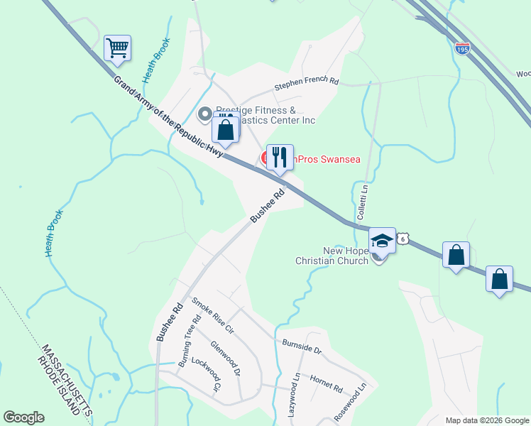 map of restaurants, bars, coffee shops, grocery stores, and more near 32 Bushee Road in Swansea