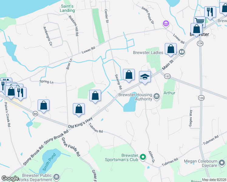 map of restaurants, bars, coffee shops, grocery stores, and more near 1543 Main Street in Brewster