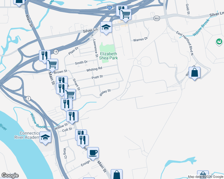 map of restaurants, bars, coffee shops, grocery stores, and more near 161 Sisson Street in East Hartford