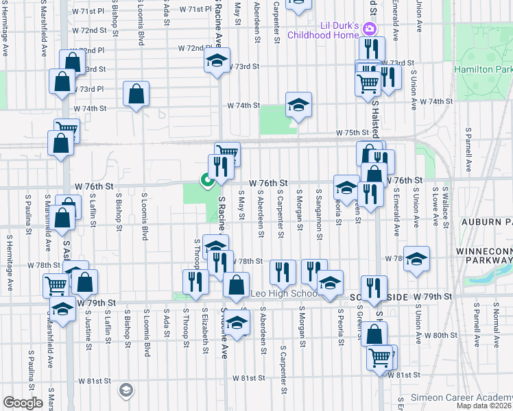 map of restaurants, bars, coffee shops, grocery stores, and more near 7615 South Aberdeen Street in Chicago