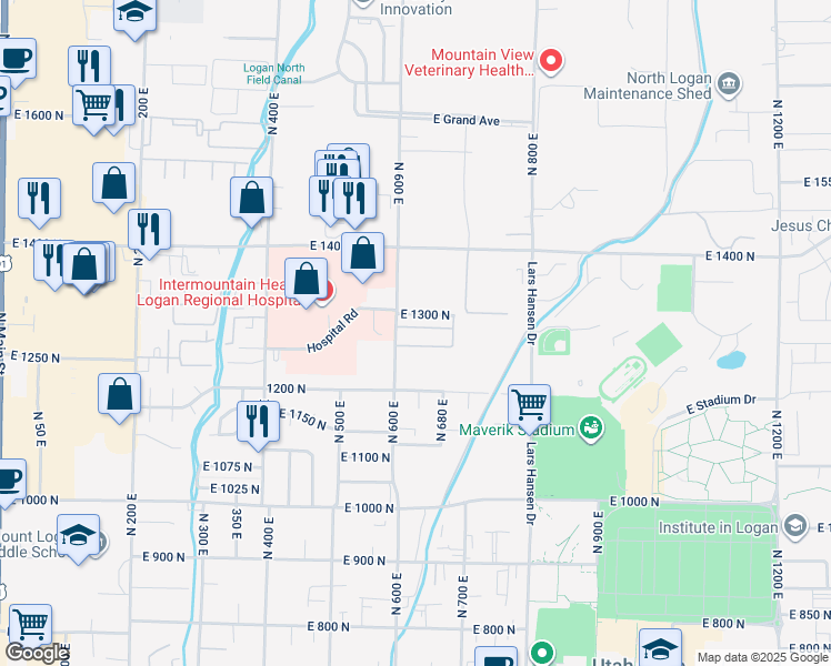 map of restaurants, bars, coffee shops, grocery stores, and more near 636 East 1280 North in Logan