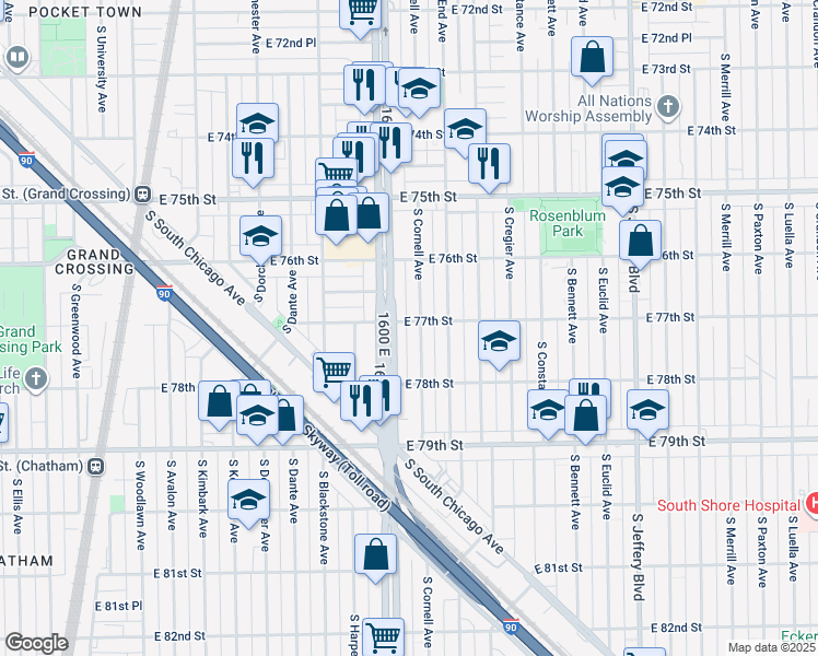 map of restaurants, bars, coffee shops, grocery stores, and more near 1617 East 77th Street in Chicago