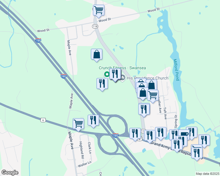 map of restaurants, bars, coffee shops, grocery stores, and more near 262 Swansea Mall Drive in Swansea