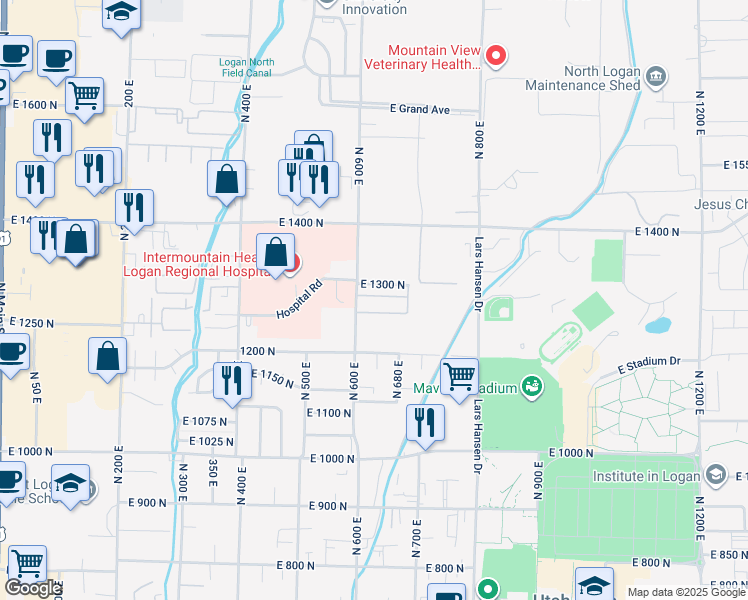 map of restaurants, bars, coffee shops, grocery stores, and more near 636 East 1280 North in Logan