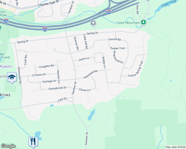 map of restaurants, bars, coffee shops, grocery stores, and more near 59 Haystack Road in Manchester