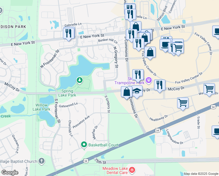 map of restaurants, bars, coffee shops, grocery stores, and more near 105 North Gregory Street in Aurora