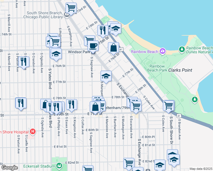 map of restaurants, bars, coffee shops, grocery stores, and more near 7736 South Burnham Avenue in Chicago