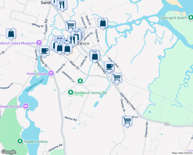 map of restaurants, bars, coffee shops, grocery stores, and more near 195 Main Street in Sandwich