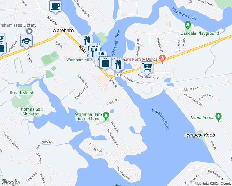map of restaurants, bars, coffee shops, grocery stores, and more near 100 Main Street in Wareham