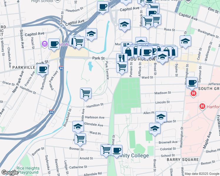map of restaurants, bars, coffee shops, grocery stores, and more near 523 Zion Street in Hartford