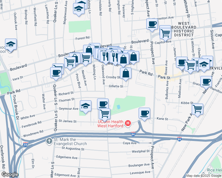 map of restaurants, bars, coffee shops, grocery stores, and more near 58 Gillette Street in West Hartford