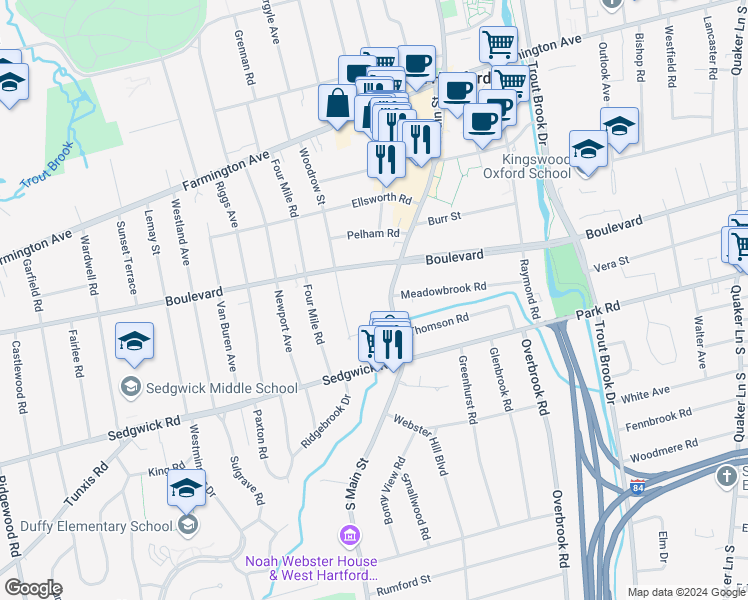 map of restaurants, bars, coffee shops, grocery stores, and more near 1699 Boulevard in West Hartford