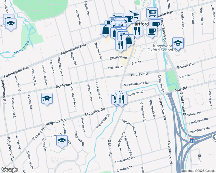 map of restaurants, bars, coffee shops, grocery stores, and more near 1699 Boulevard in West Hartford