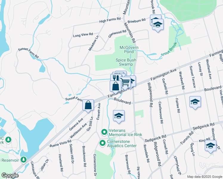 map of restaurants, bars, coffee shops, grocery stores, and more near 1240 Farmington Avenue in West Hartford