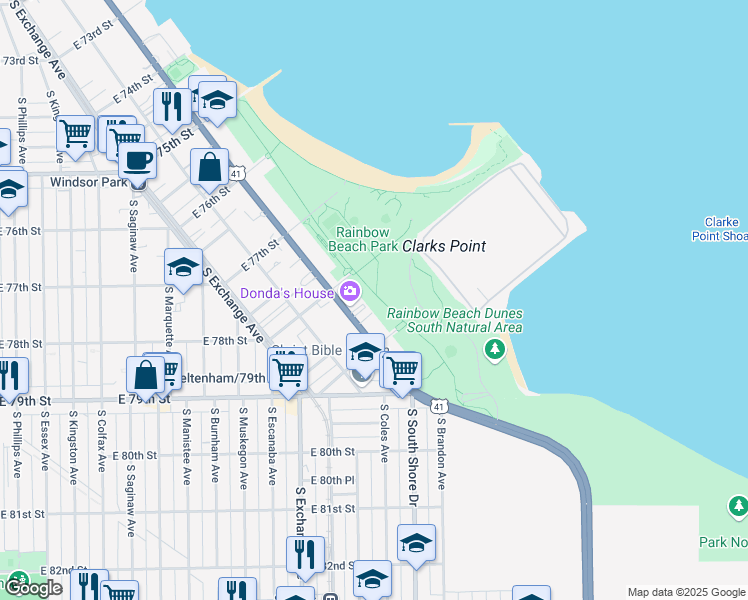 map of restaurants, bars, coffee shops, grocery stores, and more near 7846-7850 South Farragut Drive in Chicago