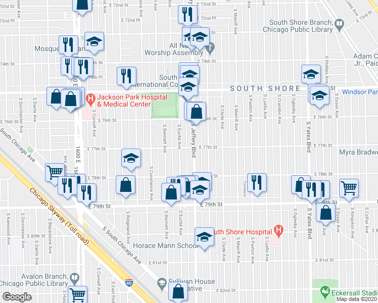 map of restaurants, bars, coffee shops, grocery stores, and more near 7652 South Jeffery Boulevard in Chicago