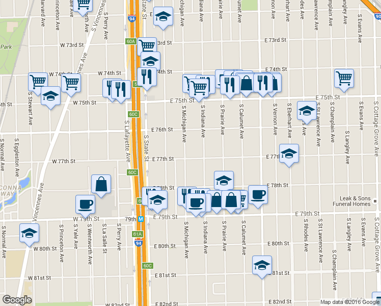 map of restaurants, bars, coffee shops, grocery stores, and more near 7631 South Michigan Avenue in Chicago