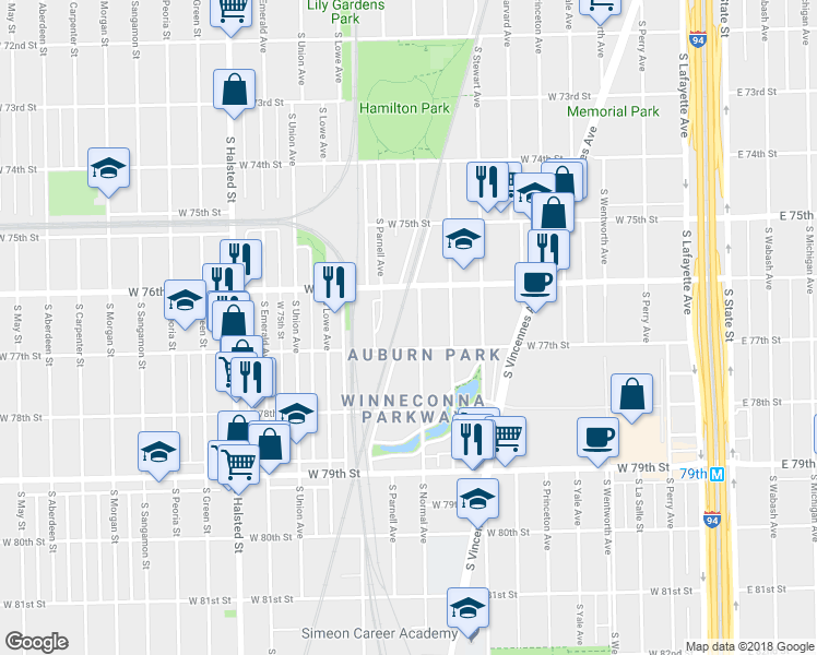 map of restaurants, bars, coffee shops, grocery stores, and more near 7622 South Normal Avenue in Chicago