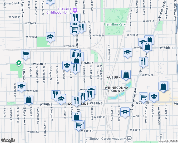 map of restaurants, bars, coffee shops, grocery stores, and more near 7620 South Union Avenue in Chicago