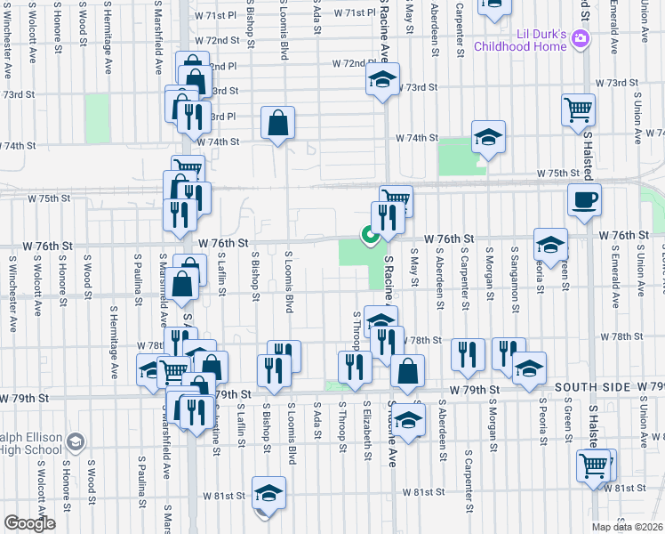 map of restaurants, bars, coffee shops, grocery stores, and more near 1311 West 76th Street in Chicago