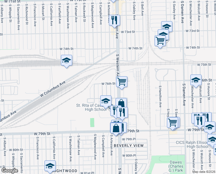 map of restaurants, bars, coffee shops, grocery stores, and more near 7601 South Artesian Avenue in Chicago
