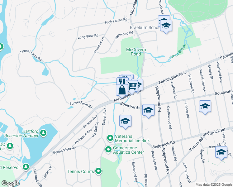 map of restaurants, bars, coffee shops, grocery stores, and more near 1248 Farmington Avenue in West Hartford