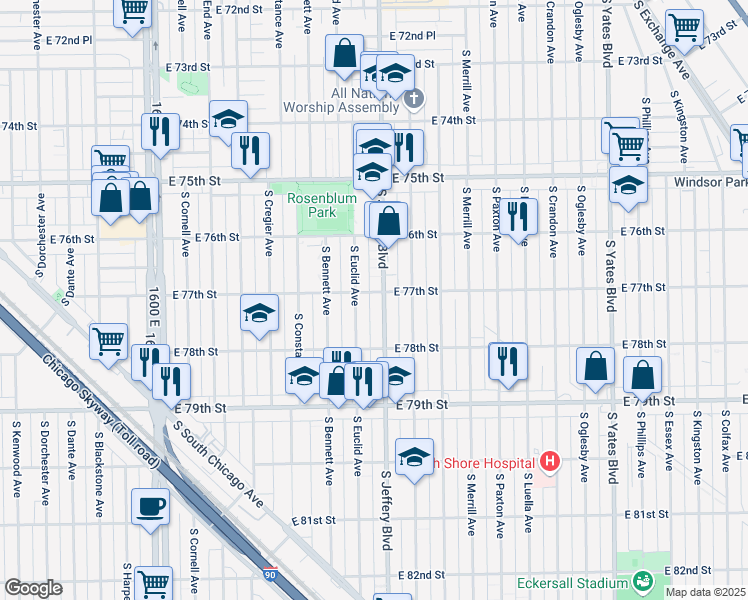 map of restaurants, bars, coffee shops, grocery stores, and more near 7652 South Jeffery Boulevard in Chicago