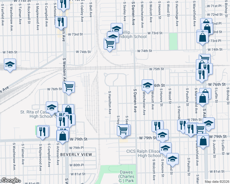 map of restaurants, bars, coffee shops, grocery stores, and more near 7605 South Hamilton Avenue in Chicago