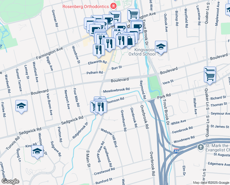 map of restaurants, bars, coffee shops, grocery stores, and more near 83 Meadowbrook Road in West Hartford