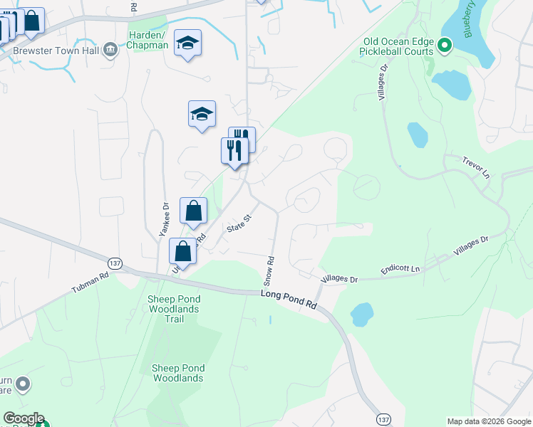 map of restaurants, bars, coffee shops, grocery stores, and more near 147 Snow Road in Brewster