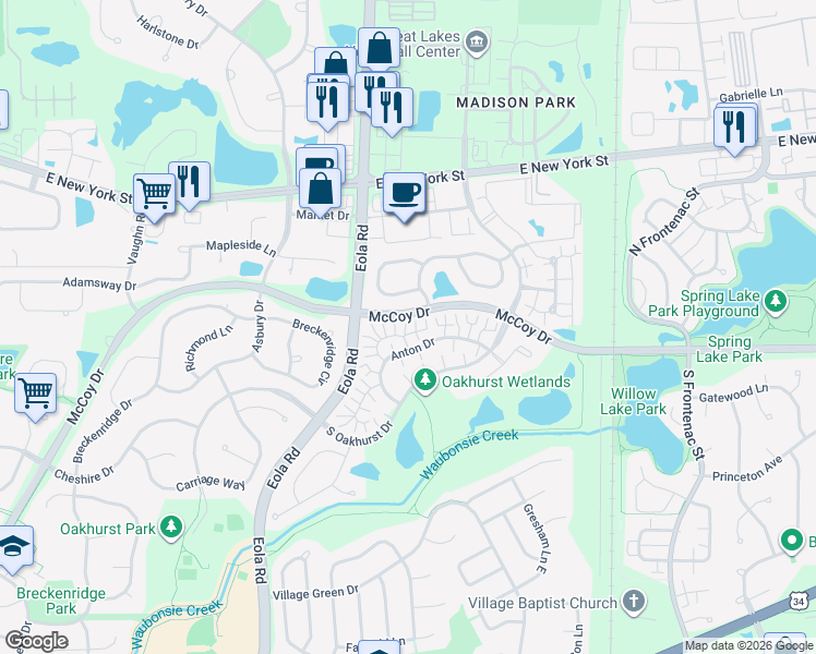 map of restaurants, bars, coffee shops, grocery stores, and more near 2962 Waters Edge Circle in Aurora