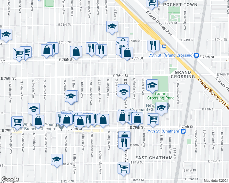 map of restaurants, bars, coffee shops, grocery stores, and more near 7656 South Evans Avenue in Chicago