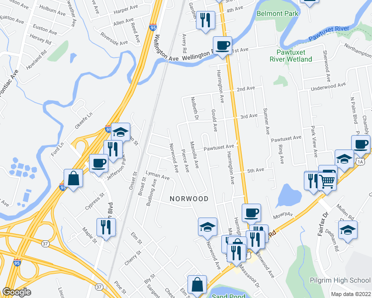 map of restaurants, bars, coffee shops, grocery stores, and more near 275 Pawtuxet Avenue in Warwick