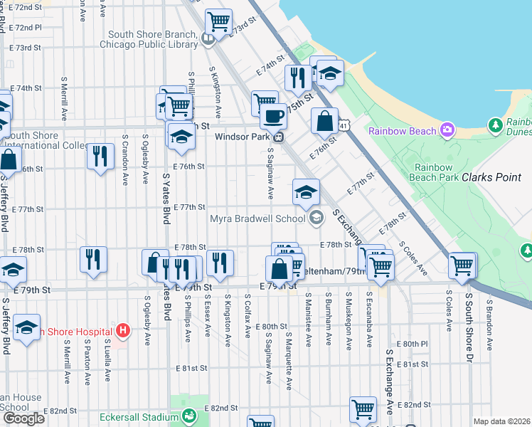map of restaurants, bars, coffee shops, grocery stores, and more near 2608 East 77th Street in Chicago