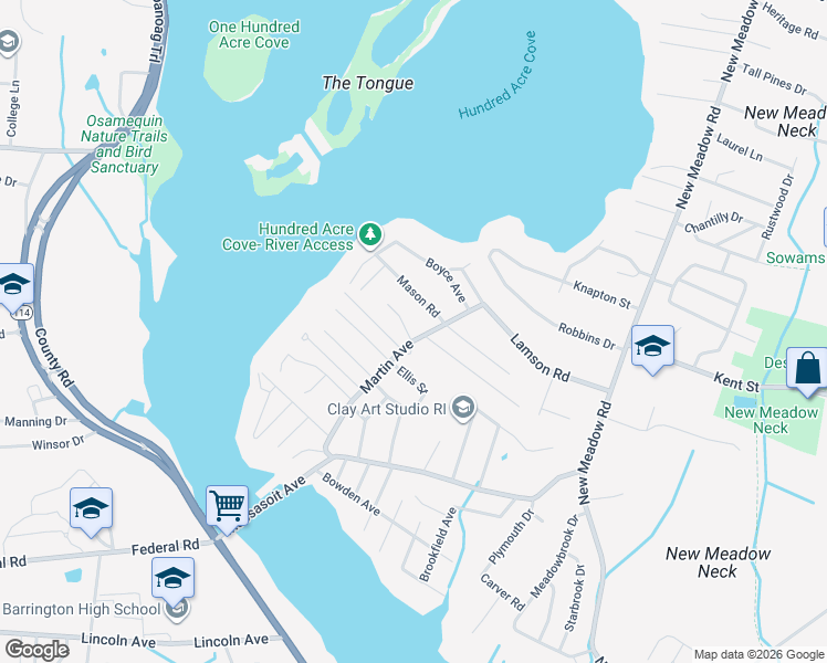 map of restaurants, bars, coffee shops, grocery stores, and more near 3 Meadow Circle in Barrington
