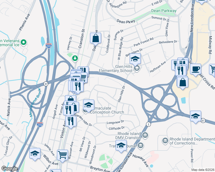 map of restaurants, bars, coffee shops, grocery stores, and more near 54 Long Court in Cranston