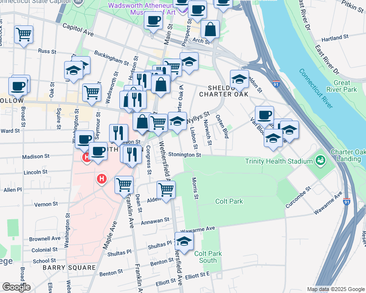 map of restaurants, bars, coffee shops, grocery stores, and more near 26 Groton Street in Hartford