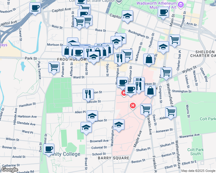 map of restaurants, bars, coffee shops, grocery stores, and more near 206 Jefferson Street in Hartford