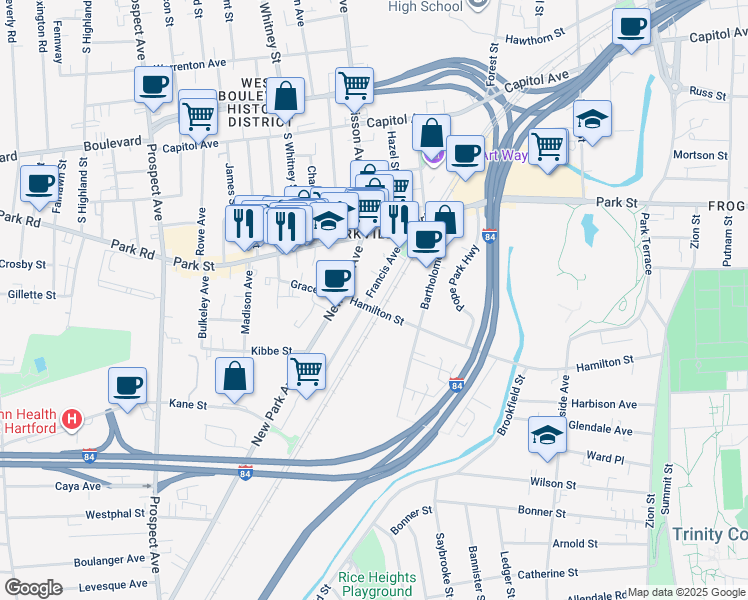map of restaurants, bars, coffee shops, grocery stores, and more near 50 New Park Avenue in Hartford