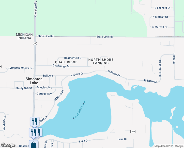 map of restaurants, bars, coffee shops, grocery stores, and more near 25902 North Shore Drive in Elkhart
