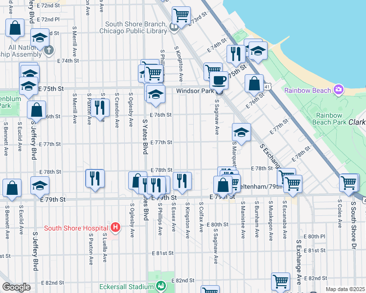 map of restaurants, bars, coffee shops, grocery stores, and more near 2536 East 77th Street in Chicago