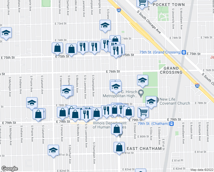 map of restaurants, bars, coffee shops, grocery stores, and more near 7639 South Langley Avenue in Chicago