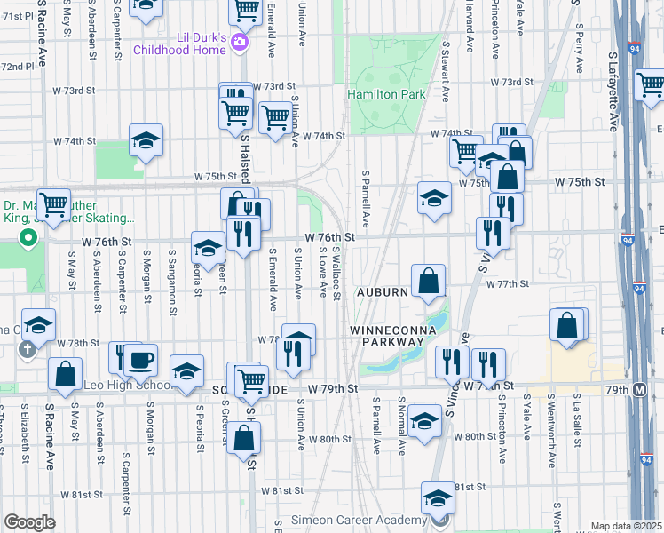 map of restaurants, bars, coffee shops, grocery stores, and more near 7618 South Lowe Avenue in Chicago