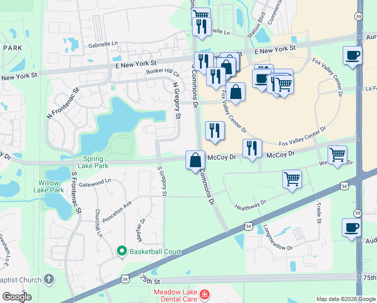 map of restaurants, bars, coffee shops, grocery stores, and more near 193 North Gregory Street in Aurora