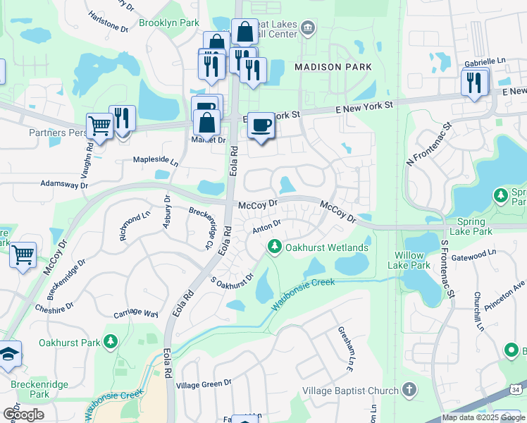 map of restaurants, bars, coffee shops, grocery stores, and more near 2962 Waters Edge Circle in Aurora