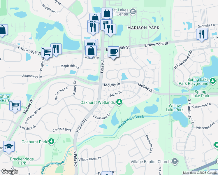 map of restaurants, bars, coffee shops, grocery stores, and more near 2962 Waters Edge Circle in Aurora