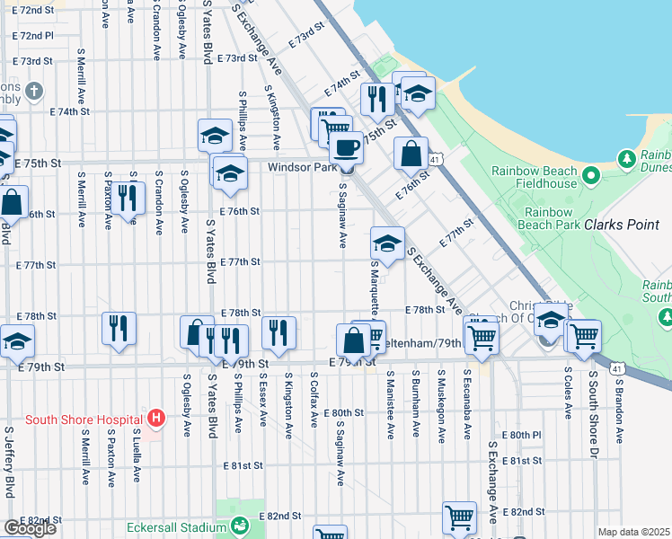 map of restaurants, bars, coffee shops, grocery stores, and more near 7706 South Saginaw Avenue in Chicago