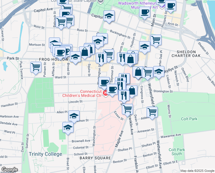 map of restaurants, bars, coffee shops, grocery stores, and more near in Hartford